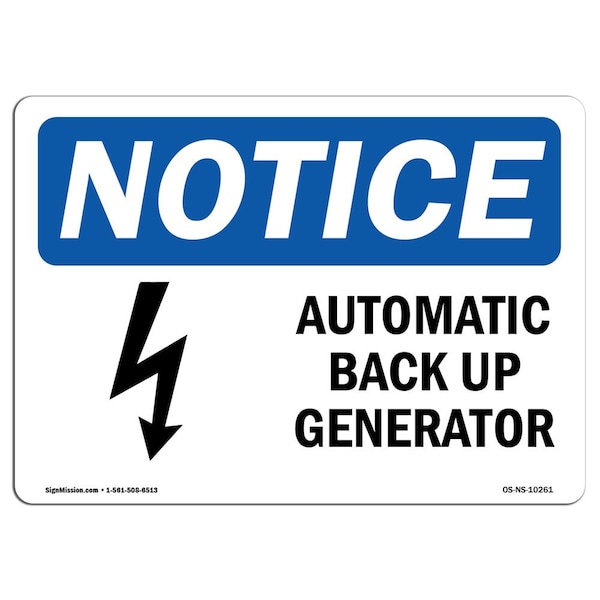 OSHA Notice Sign, 3.5" Height, Automatic Back Up Generator Sign With Symbol, Landscape, 10PK